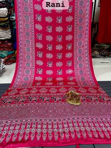 Real Mirror Work <b>Saree</b> Ajarkh Print Soft <b>Satin</b> Silk Fabric Beautiful Tussle Eco Friendly Quick Dry Woven Running Blouse Women - Product Image 1