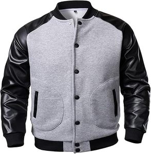 Veste varsity grise pour homme avec manches en cuir PU noir, col rabattu, vêtement décontracté d'automne, coupe régulière, fermeture à boutons - Product Image 2
