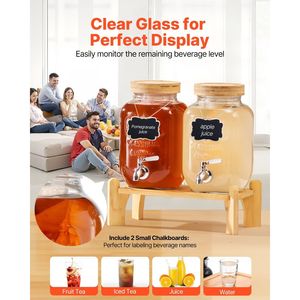 Set di 2 Dispenser per Bevande in Vetro da 1 Gallone con Rubinetto in Acciaio Inox e Supporto in Legno per Feste - Product Image 4