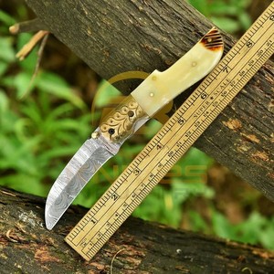 Custom Damascus Steel Folding Hunting <b>Knife</b> Natural <b>Bone</b> <b>Handle</b> Leather Sheath Outdoor Camping Pocket EDC <b>Knife</b> - Product Image 4