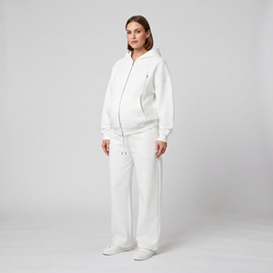 Women's White Maternity Tracksuit Zipper <b>Hoodie</b> Sweatpants Set Full Zipper Loose Fit Winter 100% Cotton Maternity Tracksuits - Product Image 1