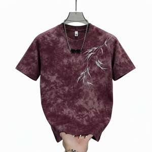 Camiseta Clásica para Hombre, Lavada, Estilo Vintage, Corte Regular, Tejido Grueso, 100% Poliéster, Rayas, Bordado, Tie-Dye en la Parte Delantera, Estilo Casual Urbano - Product Image 1