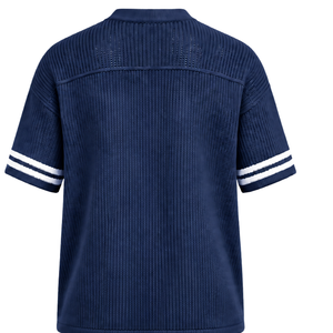 T-shirt de sport rayé à col en V tricoté sur mesure bleu nuit, à manches courtes, respirant, coupe oversize, décontracté, pour équipe sportive - Product Image 2