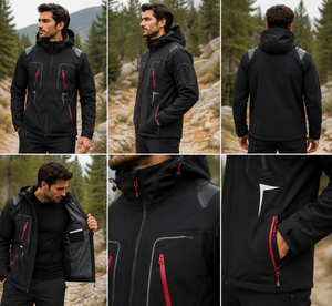 Veste softshell coupe-vent noire à capuche pour homme avec fermetures éclair rouges, vêtements d'hiver sportifs pour l'extérieur - Product Image 5