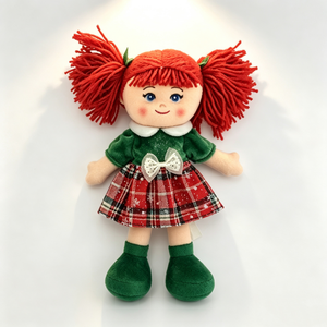 Poupée en tissu personnalisée avec queue en fil rouge, Poupée en peluche fille à jupe écossaise de Noël, Poupée en tissu rembourrée pour les fêtes - Product Image 1