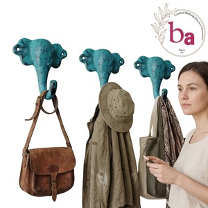 Porte-manteau mural original en fer forgé fait main, motif éléphant bleu vieilli, avec un seul crochet, de la collection Beads Art Ba - Product Image 2