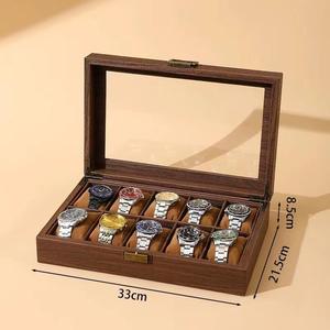 Wood <b>Watch</b> Box Rectangle Glass Lid Faux Suede Interior Snap Closure Dustproof Storage <b>Case</b> for Men Women - Product Image 4