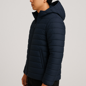 Veste matelassée à capuche bleu marine pour homme, coupe classique, couleur unie, coupe-vent, rembourrage en polyester, fermeture éclair, manteau d'hiver - Product Image 2