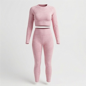 Ensemble de yoga 2 pièces pour femmes, haut court à manches longues rose sans couture, leggings taille haute - Product Image 1