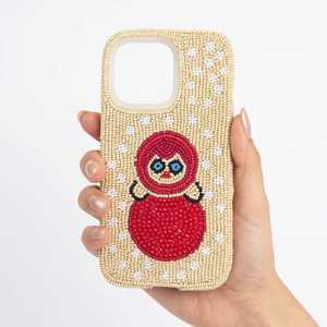 Handmade Glass Beaded Embroidered <b>Phone</b> Case Cream White Floral Red Angel Pattern Rectangular - Product Image 4