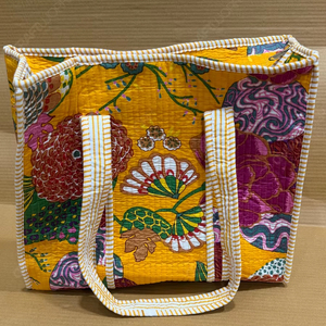 Handcrafted Quilted Yellow Floral Tote <b>Bag</b> Printed <b>Fabric</b> Shoulder Handbag Lightweight Everyday Carry Designer Shopping <b>Bag</b> - Product Image 1