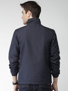 <b>Men's</b> Navy Blue Stand Collar <b>Racer</b> <b>Jacket</b> Solid Color Zipper Closure Casual Windproof Polyester Shell Regular Fit Autumn Wear - Product Image 2