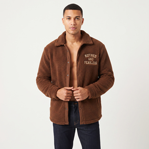 Men's <b>Brown</b> <b>Fleece</b> Jacket With Embroidered Logo Turn-down Collar Polar Sherpa Jacket Casual Winter Wear Loose Fit Sherpa Coat Me - Product Image 1