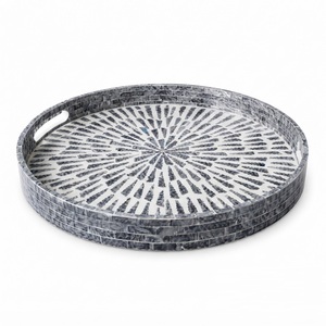 Plateau de service rond en nacre, fait main, en coquille de Capiz, décoratif, avec incrustation de mosaïque florale bleue en nacre, plat de table - Product Image 5
