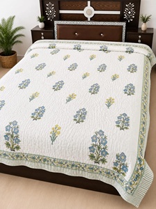 Hand Block Printed Cotton <b>Quilt</b> Reversible Floral Razai Handmade Indian King Size Boho <b>Bedspread</b> - Product Image 4