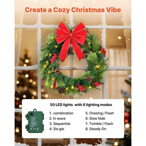 Guirnalda de Navidad artificial preiluminada de 24 pulgadas, 50 luces LED, conos de pino, racimos de bayas rojas, hojas de acebo, guirnaldas de Navidad, coronas - Product Image 4