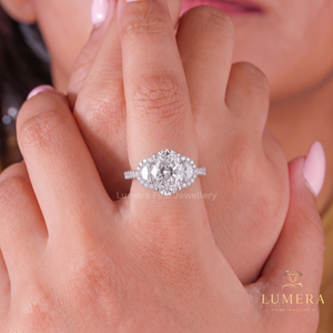 Fine Jewelry Oval Diamond <b>Ring</b> With Half <b>Moon</b> Side <b>Stones</b>, Intricate Pave Halo, IGI Certified Center Diamond Promise <b>Ring</b> - Product Image 1