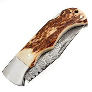 Nuevo cuchillo personalizado de acero de Damasco con hoja de punta caída y mango de hueso, espesor de hoja de 0.6 mm, cuchillos plegables para caza. - Product Image 3
