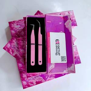 Ensemble de pinces à cils en acier inoxydable anti-magnétique de haute précision avec logo personnalisé, rose, pour extensions de cils, volume, avec poignée diamantée - Product Image 2