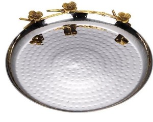 Nesting <b>Square</b> Hammered Stainless Steel Serving Tray <b>Set</b> Of 3 With Decorative Gold Floral Handles Metal Platter For Wedding Use - Product Image 6
