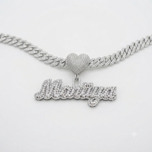 Unisex Hip Hop 925 Silver Rhodium Plated Iced <b>Custom</b> Initial Cursive <b>Name</b> Letter Heart Clasp Moissanite Pendant <b>Necklace</b> Parties - Product Image 1