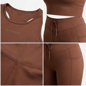 Ensemble de yoga 2 pièces marron : Leggings taille haute longueur intégrale et crop top dos nageur sans couture – Tenue de sport pour femme - Product Image 2