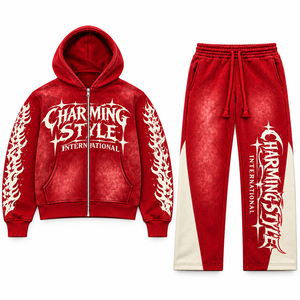 Wholesale Custom 100% Cotton Men's Zip Tracksuit Acid Washed Oversized Hoodie Pants with Silk Screen Print for Autumn Season - Product Image 1