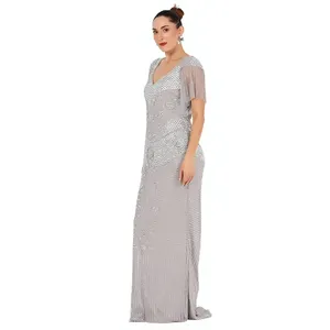 Vestido de Noche Sirena de Lujo con Cuentas Plateadas, Elegante, Personalizado, con Cuello en V, Manga Corta, Largo hasta el Suelo, Venta al por Mayor - Product Image 2