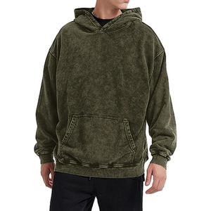 Sudadera con Capucha para Hombre, Verde Oliva, Estilo Vintage, Lavado Ácido, Felpa de Algodón, Hombros Caídos, Corte Holgado, Cómoda y Duradera - Product Image 1