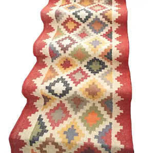 持久品质手工编织印度复古基利姆羊毛黄麻跑步者地毯可逆现代风格地毯，用于房间和楼梯