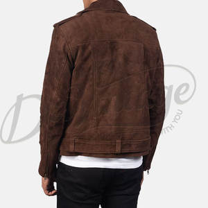 เสื้อแจ็คเก็ตหนังกลับสีน้ำตาลสำหรับผู้ชาย ทรงเข้ารูป สไตล์ไบค์เกอร์ หนังแท้ วินเทจ ซิปหน้า - Product Image 2
