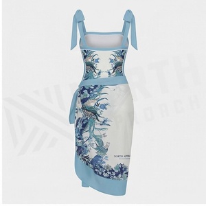Women's Blue Floral Print One-Piece Dress With Square Neck And Side Tie Detail - Product Image 2
