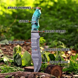 Cuchillo de caza y camping de hoja fija Bowie hecho a mano de acero de Damasco con mango de resina verde y funda de cuero, opciones DIY y OEM - Product Image 5