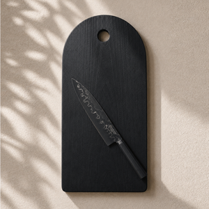 Sleek Matte <b>Black</b> Wooden Chopping <b>Board</b> Features Elegant Arched shaped Silhouette Top Integrated Hanging Hole For Cutting vegies - Product Image 2
