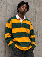 T-shirt à manches longues pour homme en coton épais, style streetwear, avec panneaux à bords bruts et rayures rugby personnalisées, fabrication OEM, patchwork, type polo