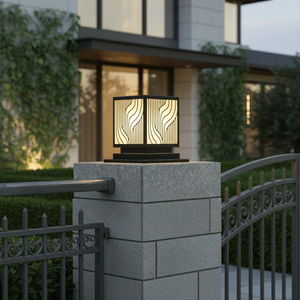 IP65 Wave LED Pillar Light, 8-inch Black Powder-Coated Steel Column <b>Lamp</b>, Warm Decorative Outdoor Villa Gate <b>Lantern</b> AC 220V - Product Image 2