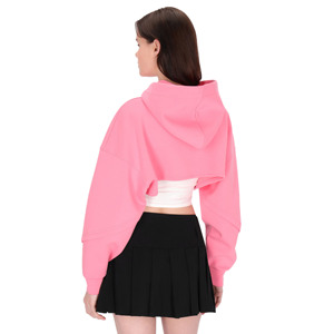 Sweat-shirt à capuche court pour femme, rose avec blocs de couleur, cordon de serrage orange, manches classiques, en molleton, style printemps - Product Image 2