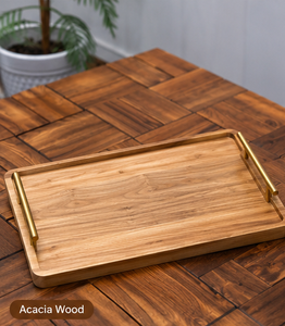 Plateau de service rectangulaire en bois d'acacia, de manguier et de noyer, poli, écologique, avec poignées dorées, pour le thé, le café et le petit-déjeuner - Product Image 5