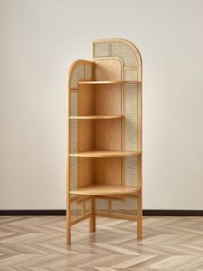 Aesthetic Light Tone Teak <b>Wood</b> <b>Bookcase</b> Rattan Corner Stand - Product Image 2