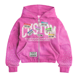 Sudadera con capucha de algodón de alta calidad de 400 g/m², extragrande, de corte holgado y corto, con cremallera, personalizada, con pedrería, fabricante de sudaderas con cremallera. - Product Image 5
