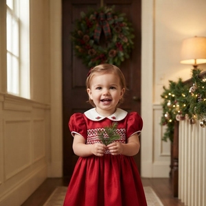 Robe d'été élégante pour bébés et enfants, en coton satiné respirant, à manches bouffantes, brodée, style anglais traditionnel, superposée, écologique, rouge - Product Image 5