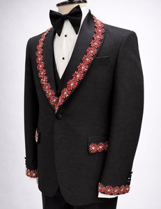 Men’s Black Designer Tuxedo Suit with Red Crystal Embellished <b>Shawl</b> Lapel – <b>Wedding</b> Party Prom Blazer Set - Product Image 3