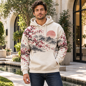 Herren Grafik-Hoodie aus Baumwollfleece Elfenbein-Grün Blätterdruck Pullover Pflanzen-Grafik Lässiger Sweatshirt Trendige Oberbekleidung - Product Image 3
