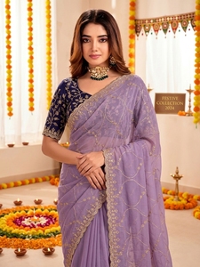 AARA Fashion Purple Silk Saree with <b>Gold</b> Embroidery Navy Blue <b>Blouse</b> for Women's Traditional Indian Wedding Wear Sun Protection - Product Image 4