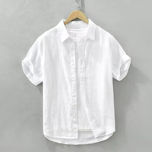 เสื้อเชิ้ตผ้าลินินขายส่ง คุณภาพสูง ทรงพอดีตัว ใส่ได้ในฤดูร้อน ปกคอปกเสื้อแบบพับได้ เสื้อเชิ้ตผู้ชายแขนสั้น - Product Image 2