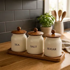 3 Piece Iron Modern Handcrafted Kitchen Canister Set with Bamboo Lids Large Capacity for Tea Salt & <b>Sugar</b> Storage - Product Image 3