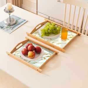 Plateau de service décoratif en bambou, imprimé marbre, avec poignées, pour salle à manger, hôtel, restaurant - Product Image 1
