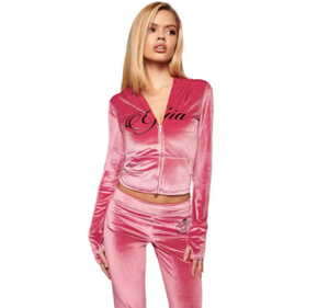 Ensemble de survêtement deux pièces en velours rose pour femme, manches longues, capuche, fermeture éclair, pantalon long, coupe ample, toutes saisons, tenue de club sexy - Product Image 3