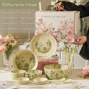 Nouvelle collection 2026 : Service de table en céramique motif muguet nordique, motif botanique vert, comprenant bols, assiettes et cuillères – OEM - Product Image 4