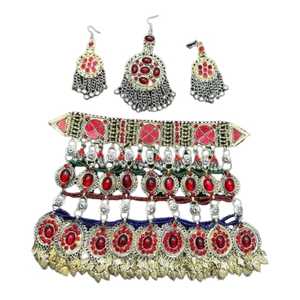 Parures de bijoux de mariage style afghan, collier et boucles d'oreilles faits à la main pour mariées, look tendance pour les fêtes - Product Image 1
